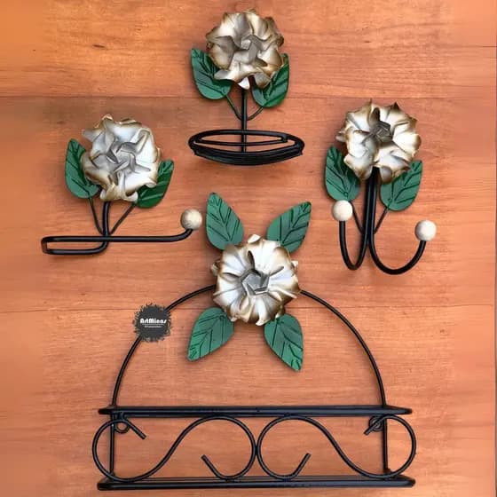 Kit completo para banheiro com 4 peças decorado rustico em flores Envelhecida