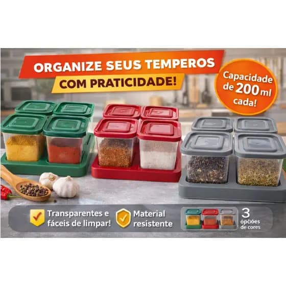 Porta temperos com suporte- 4 potes 200 ml- Livre de BPA- tempero/artesanato/snack/condimento