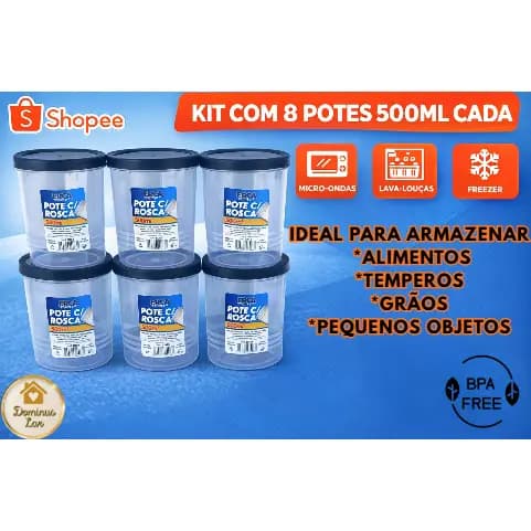 KIT 8 POTES 500 ML LIVRE DE BPA ÓTIMA VEDAÇÃO mantimento alimento grãos snack  tempero