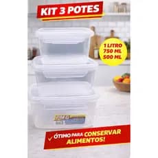 3 POTES HERMÉTICO C/ TAMPA TRAVA- LIVRE DE BPA-1L/750 ml/500ml-freezer/alimento/marmita/salada
