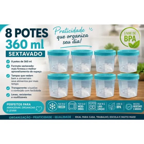 KIT 8 POTES MANTIMENTO 360 ML TAMPA COM ROSCA ÓTIMA VEDAÇÃO Livre de BPA