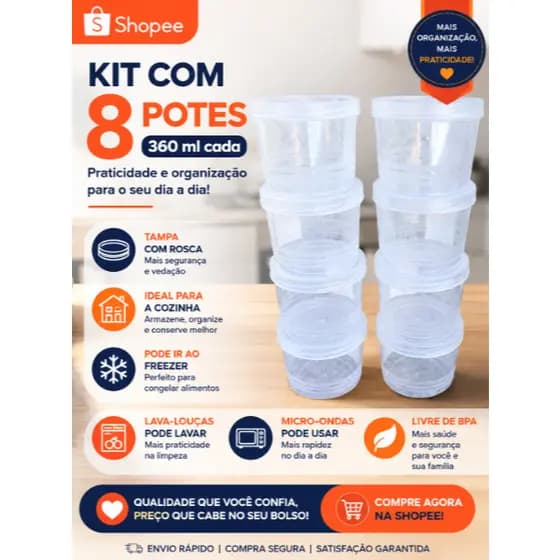 8 POTES 360 ml ótima vedação Livre de BPA micro-ondas freezer  lava louças comida artesanato