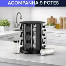 Porta Temperos Giratório com 9 Potes de Vidro