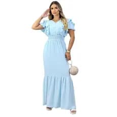 Vestido Longo Moda Feminina Botão Manga Babado Tecido Duna Pipoca