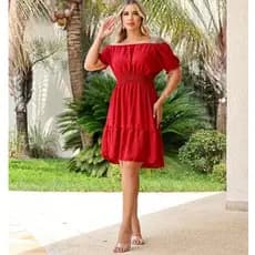 Vestido Midi Ciganinha Ombro a Ombro Manga Princesa Moda Feminina Tecido Duna