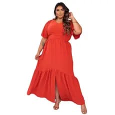 Vestido Longo Moda Plus Size Feminina Tecido Duna Forrado Fenda Manga Flare