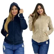 Casaco Blusa de Frio Inverno Com Zíper e Capuz Pelúcia Felpuda Soft Teddy
