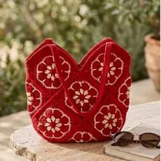 Bolsa Praiana Crochê Square Flores Bolsa Feminina Masculina Grande Boho Chic Bolsa de Praia Artesanal Sacola de Verão