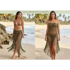 Saída de Praia Crochê Verde Musgo Artesanal Saia ou Vestido Ajustável Moda Praia Luxo BohoChic 100%Algodão Premium 2 em1