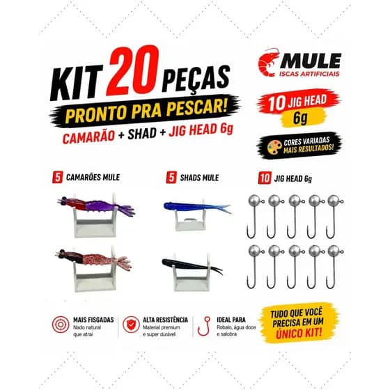 Pesca Robalo MULE – Camarão + Shad + Jig Head 6g - Kit 20 Peças