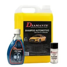 Shampoo automotivo com cera 5l + silicone liquido 100ml + Pretinho para pneus 500ml