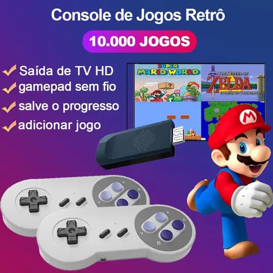 Game Stick Retrô 10.000 Jogos Retrô 4k + 2 Controles Sem Fio - Ps1 / Super Nintendo / Fliperama / Atari