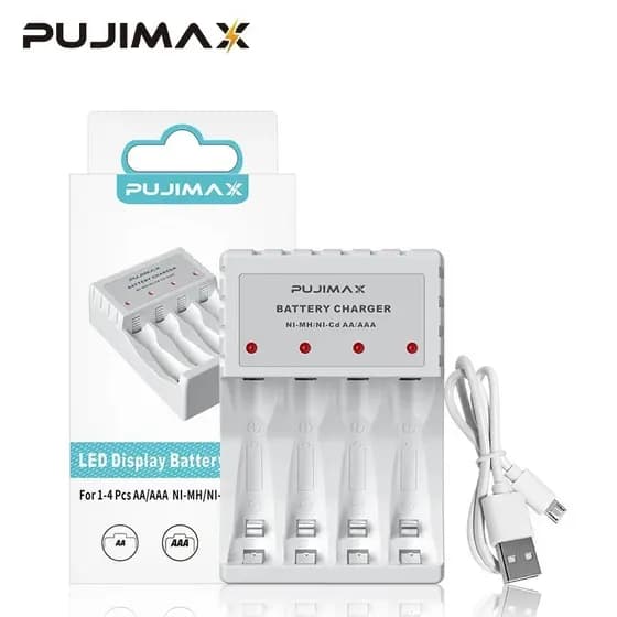 Carregador De Pilhas Recarregáveis Portátil Pujimax Tipo AA/AAA Com Led Inteligente
