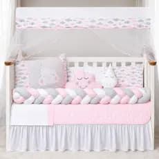 Kit Mini Berço 10 Peças Rosa Bebê Menina Trança Nuvem Completo Enxoval Mundo Rosa