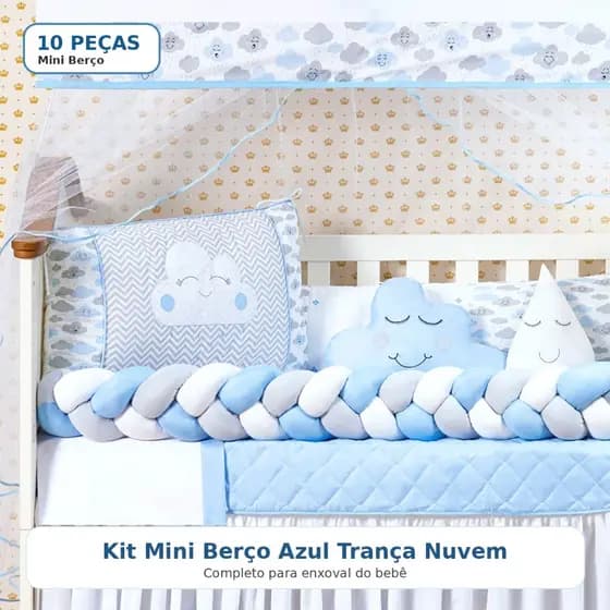 Kit Mini Berço 10 Peças Azul Bebê Menino Trança Nuvem Completo Enxoval
