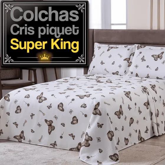 Kit Colcha Super King Piquet Floral Algodão 3 Peças Fronha Estampada Alto Relevo Respirável Macia