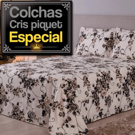 Colcha Especial 3,50x2,90m Piquet 3 Peças Kit Floral Algodão Poliéster Fronha Estampada Leve