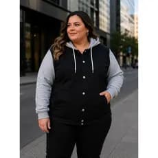 Jaqueta Plus Size Jeans Com Moletom Feminina Touca Ajustavel Casual
