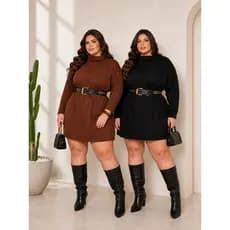 Vestido Poncho Plus Size Manga Longa Gola Alta