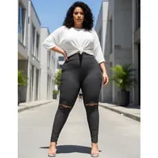 Calça Bandagem Skinny Feminina Plus Size Rasgo joelho Nao fica Transparente ATE O TAMANHO 60