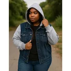 Jaqueta Jeans Moletom Plus Size com Touca Blusa de Frio