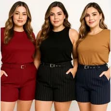 Shorts Feminino Social Elegante Risca De Giz Plus Size Com Cinto Alfaiataria Premium do G1 ao G4