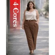 Calça Feminina Social Alfaiataria Plus Size Luís Twil Com Bolsos e Cinto Novo