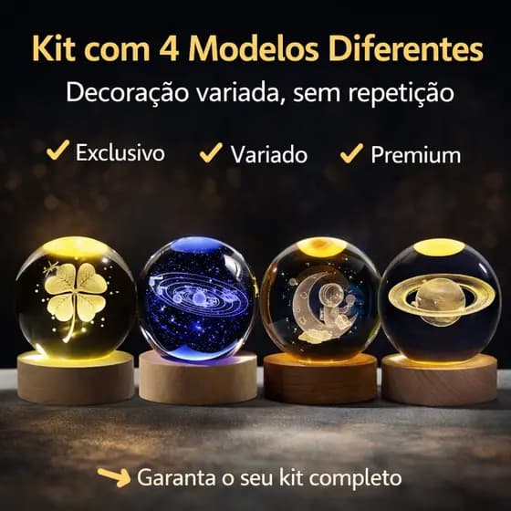 Kit 4 Luminária de Mesa LED RGB Bola Cristal USB Decoração Quarto Base Madeira Luz Quente