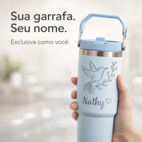Garrafa Térmica 900ml Flip com Canudo Personalizada com Nome Inox Alça Antivazamento Academia