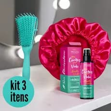 Kit de Cabelo Cacheado Crespo: Touca de Cetim/Escova Polvo/Spray Ativador de Cachos Protetor Térmico