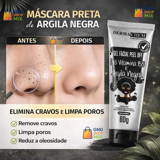 Máscara Preta Facial Removedora de Cravos Peel Off Black Mask Anti Oleosidade Argila Negra Dermachem