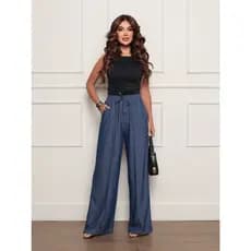 Calça Pantalona Chambray FemininaTecido Tencel Cintura Alta P ao G3