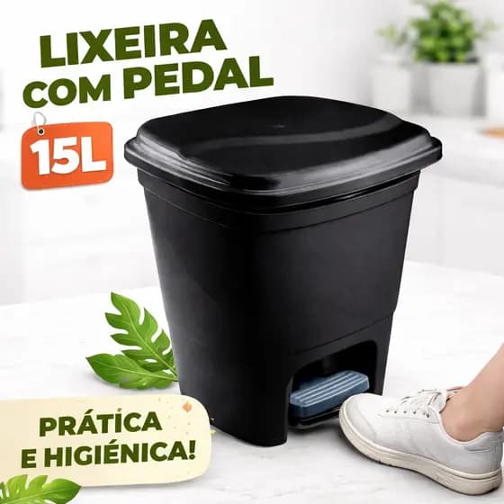 Lixeira Preta Com Pedal 15 Litros -  Cozinha Banheiro Plasvale