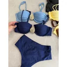 Biquíni meia taça e bojo reto detalhe dourado orgânico com calcinha hotpants fi duplo com regulador moda blogueira verão
