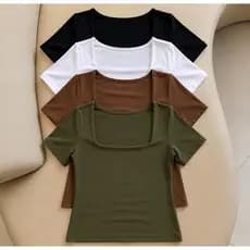 kit 4 Blusas Feminina Baby Look Manga Curta Gola Quadrada Decote Quadrado Moda Casual Versátil Blogueira 2025