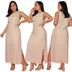 Vestido Feminino Em Linho Elegante Forrado Alça Larga Com Fenda Moda Clássica Verão