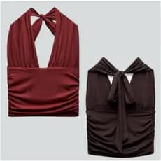 Blusa Feminina Top Faixa de Amarrar no Pescoço Cropped Frente Única  Detalhes de Drapeado Franzido com Forro Duplo