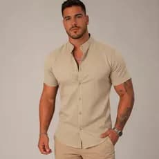 Camisa Social Masculina Gola Padre Manga Curta Aspecto Linho