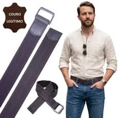 Cinto Masculino Lona Premium Couro Legítimo Argola 4cm Café Ajustável Até 180cm Casual Social
