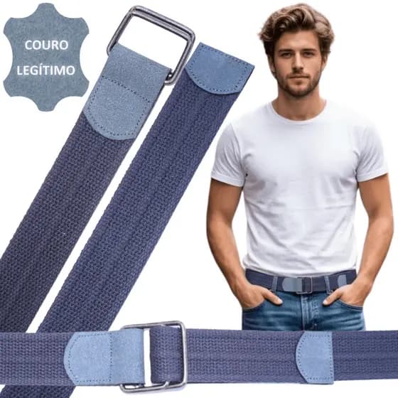 Cinto Masculino Lona Premium Couro Legítimo Argola 4cm Cinza Ajustável Até 180cm Casual Social