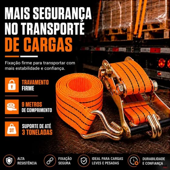 Cinta com Catraca para Amarração de Moto Cargas Pesadas Reboque Caminhonete 3 Toneladas