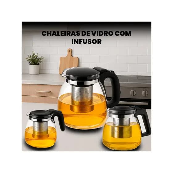 Chaleira Vidro Infusor Inox Chá Compacto Preto Transparente Resistente Jarra