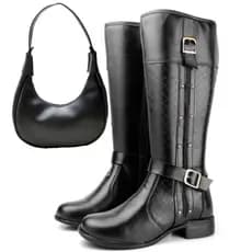 Kit Inverno Bota Montaria Preta e Café Com Bolsa Meia Lua Elegante