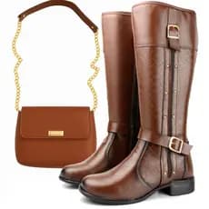 Kit Bota Feminina Montaria Cano Longo Tendência Inverno Com Bolsa Transversal