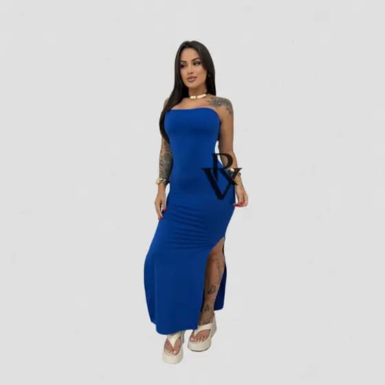 Vestido Feminino Fenda Dupla Longo Tomara Que Caia Festa Elegante Casual Suplex