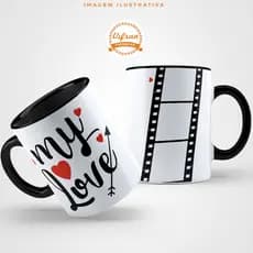 Caneca de Porcelana Alça Preta ou Branca Casal My Love, Caneca Personalizada rolo de fotos casal.