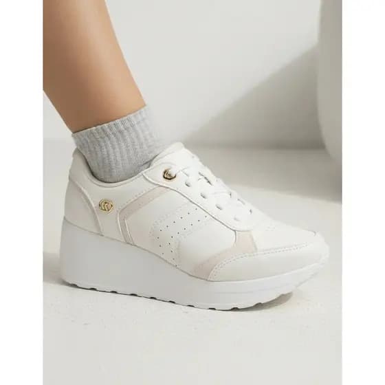 Tênis Feminino salto anabela alto embutido saltinho esporão Branco Casual Sola Evafit leve conforto