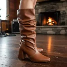 Bota Feminina Franzida Cano Medio Sanfonada Salto Alto Bloco