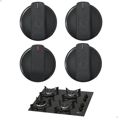 KIT 4 BOTÕES MANIPULADOR PARA COOKTOP FISCHER FIT LINE 26299 26342 (PRETO) - ENCAIXE VERTICAL