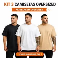Kit 3 Camisetas Oversized Masculina Gola Ribana Larga Premium Preta Branca Bege Off White Streetwear Básica Kit